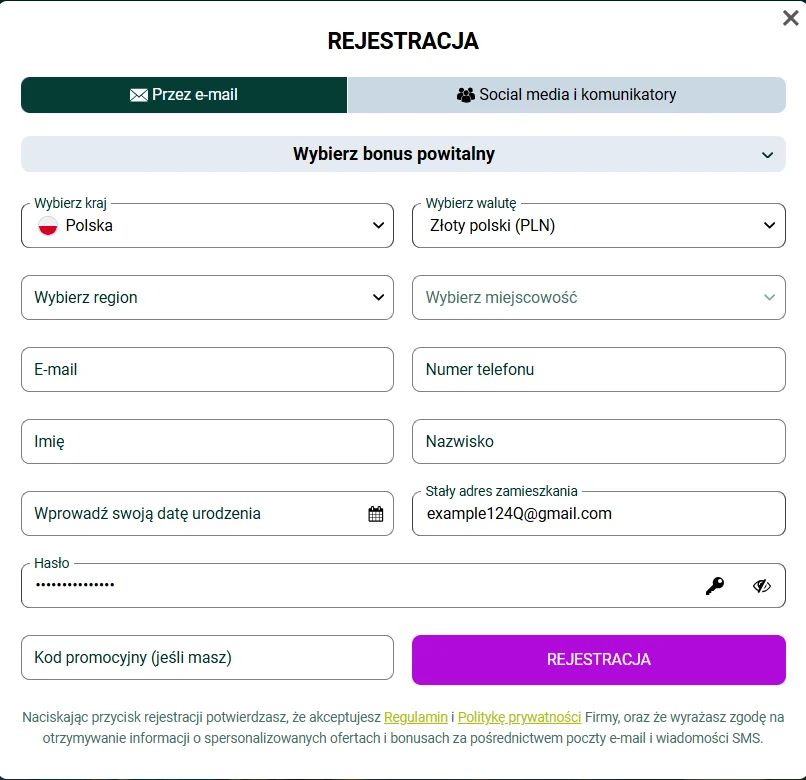 Formularz rejestracyjny SpinBetter